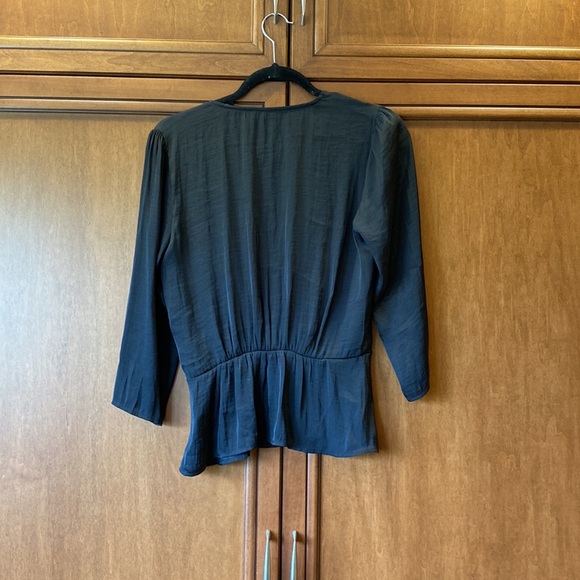1. State black silky 3/4 sleeve faux-wrap peplum blouse - Picture 6 of 8